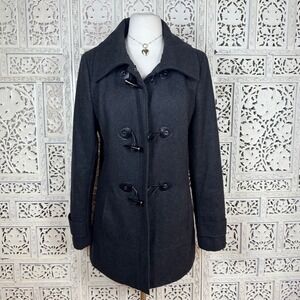 Calvin Klein Dark Gray‎ Black Wool Blend Full Zip Toggle Button Collared Coat